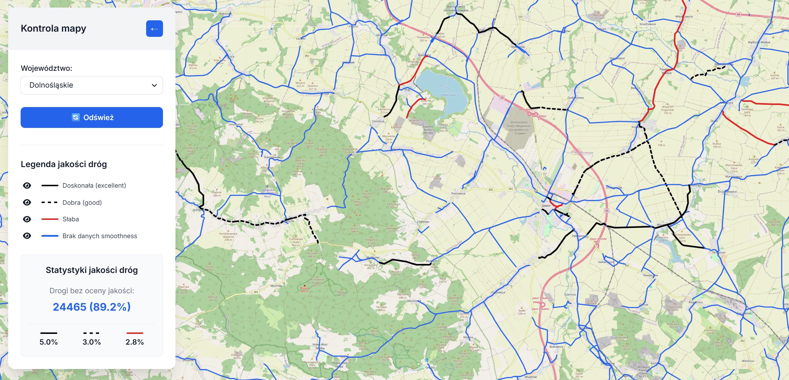 Przykład mapy z kolorowymi drogami według jakości nawierzchni
